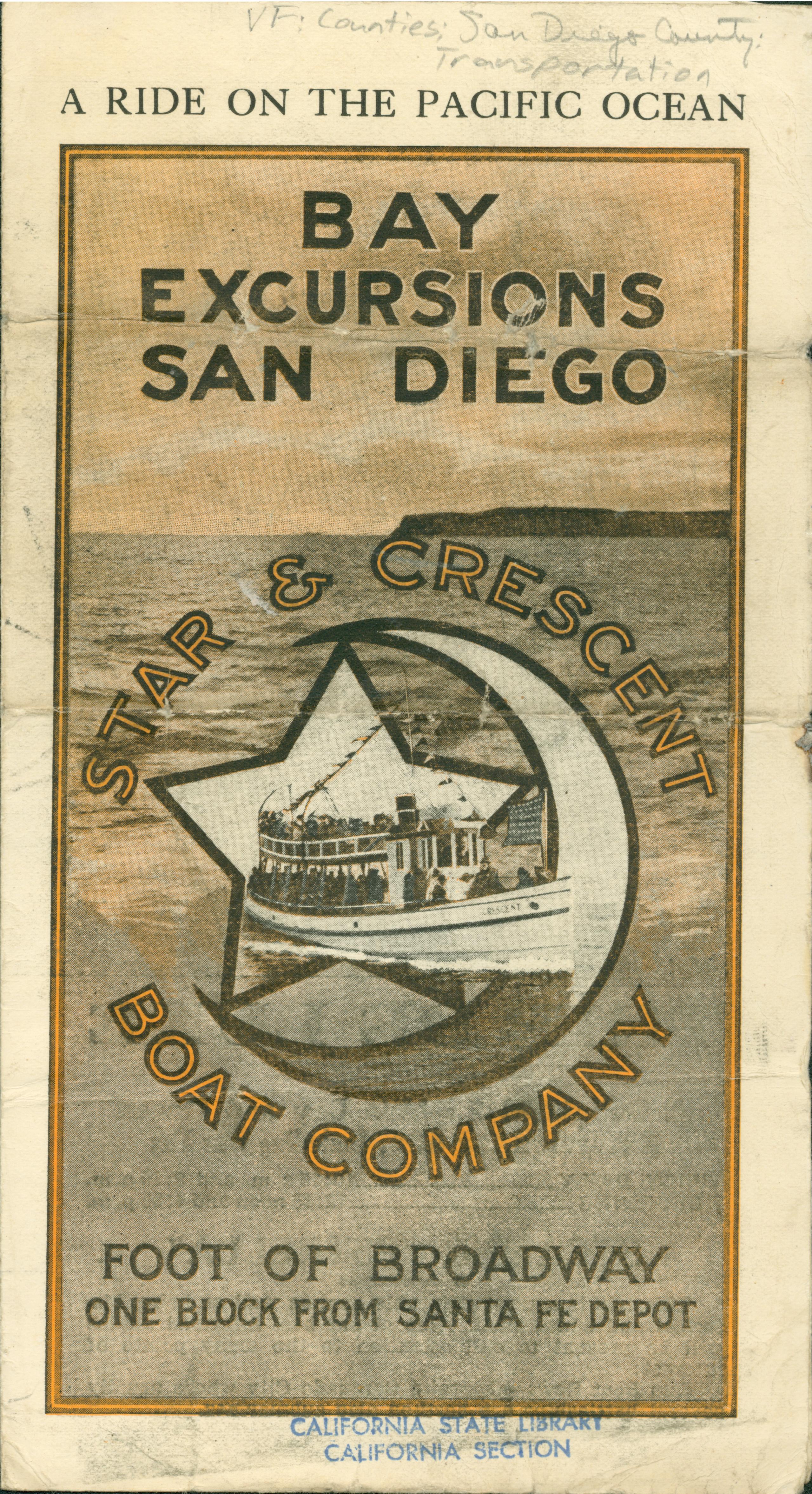 The front of this brochure shows the Star and Crescent Boat Company logo, with a ship sailing out of it, against a backdrop of the San Diego bay.